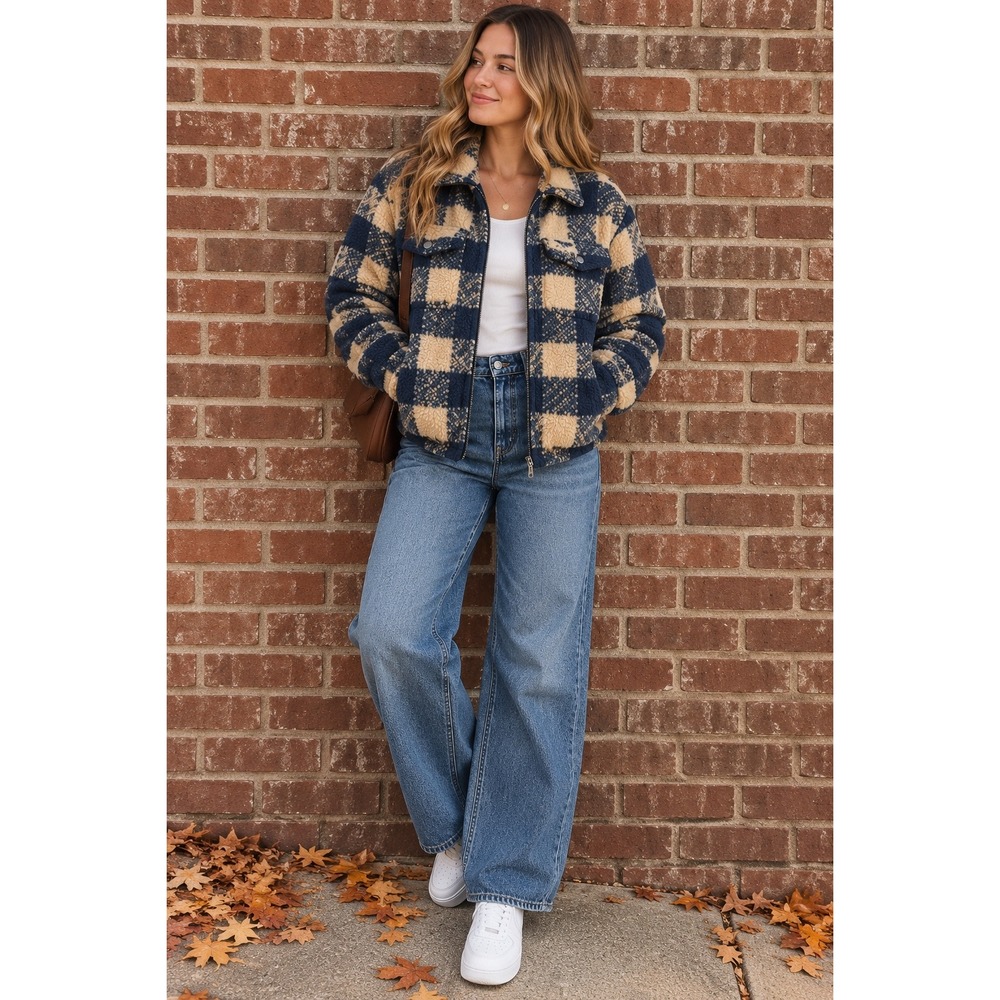 American Eagle Navy Tan Buffalo Plaid Sherpa Zip Up Jacket Large